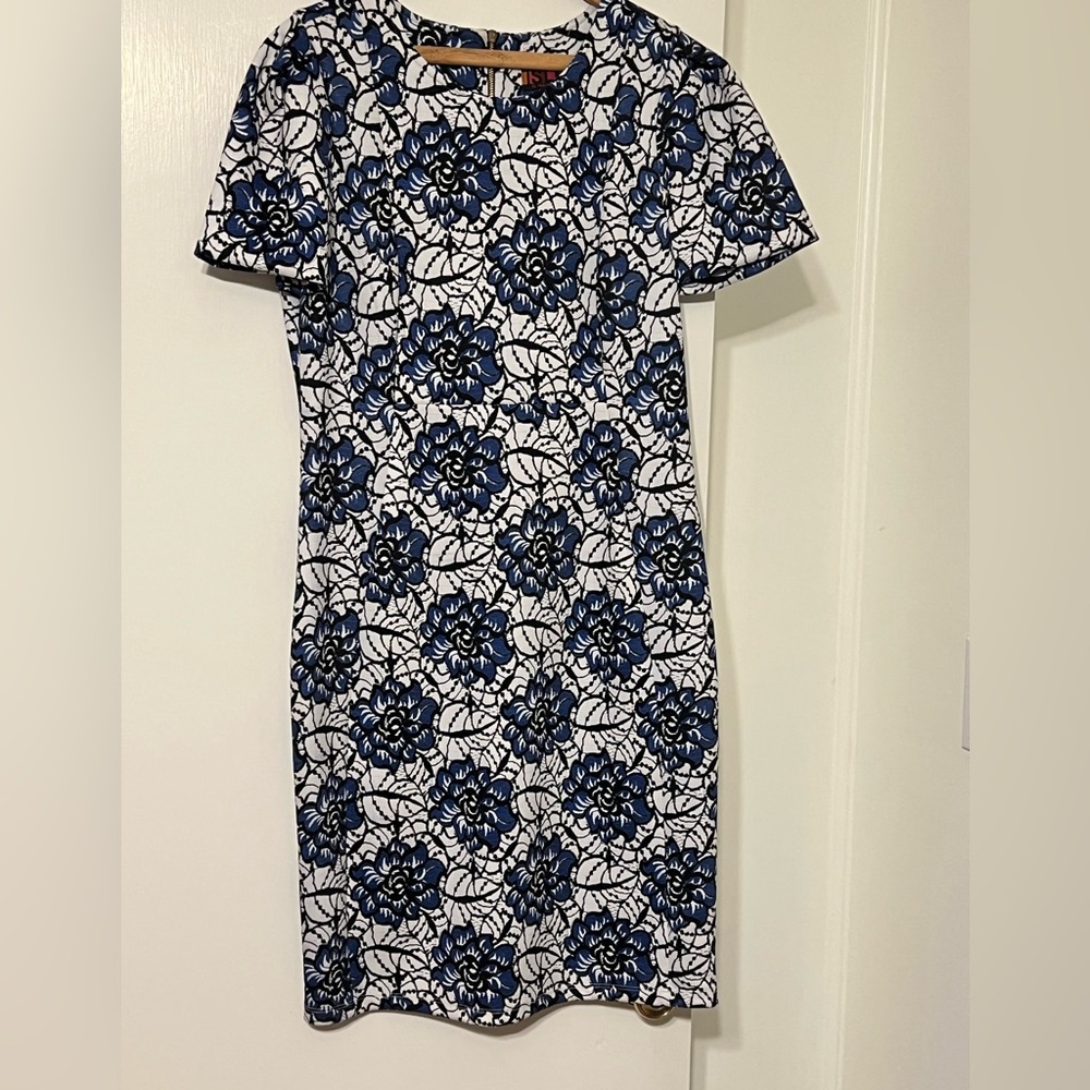 Blue and White Sheath Midi Dress with Cap Sleeves
